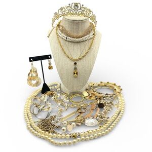 Jewelry Bundle GoldTone Pearls Rhinestone Earrings Necklaces Hair Piece Wearable